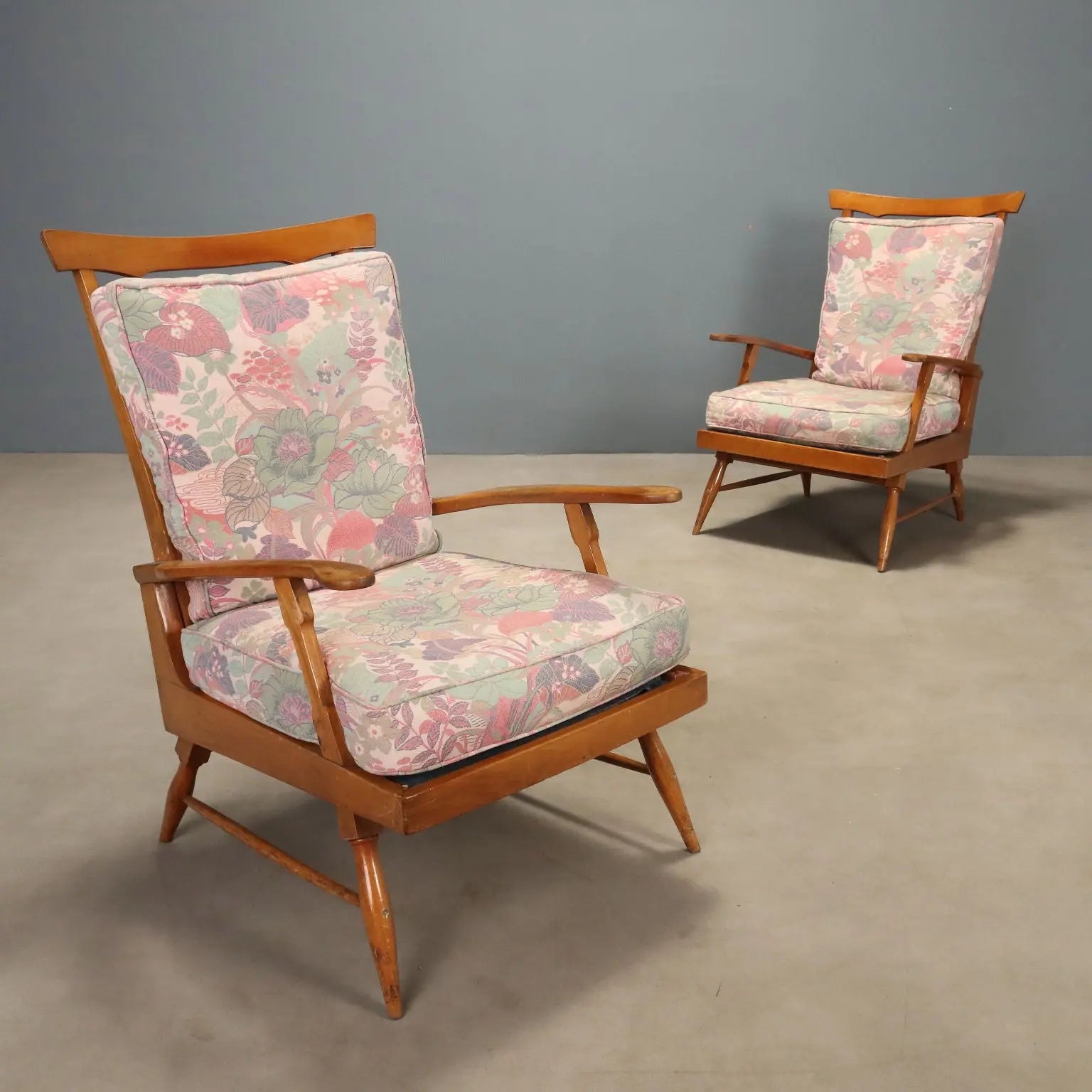 Vintage Reclining Armchairs by Camea Wood Fabric Design 1950s