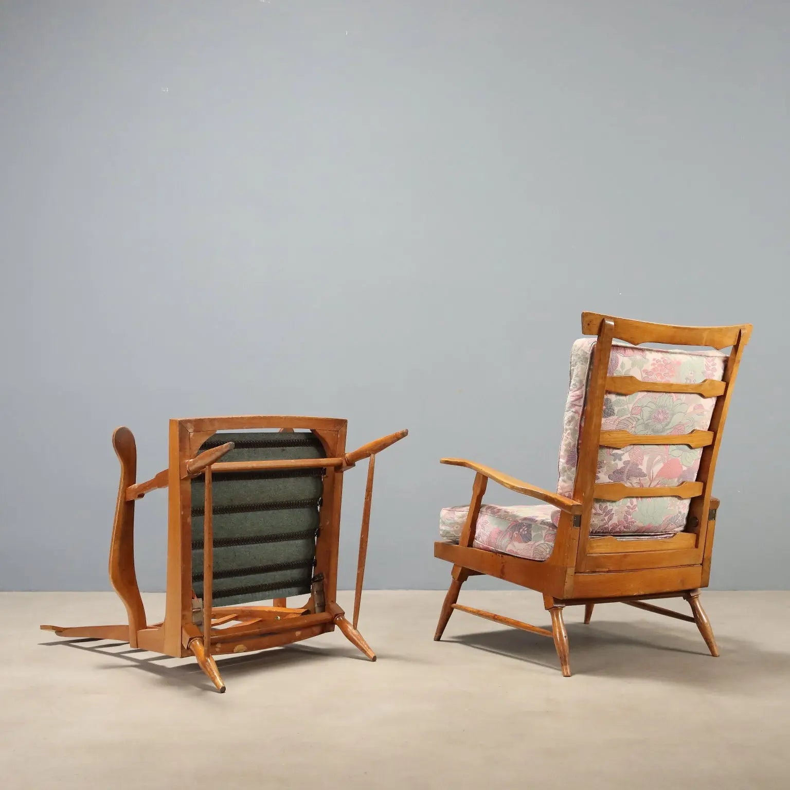 Vintage Reclining Armchairs by Camea Wood Fabric Design 1950s