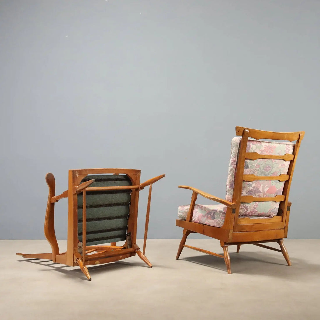 Vintage Reclining Armchairs by Camea Wood Fabric Design 1950s