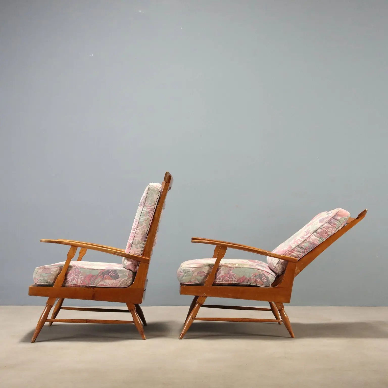 Vintage Reclining Armchairs by Camea Wood Fabric Design 1950s