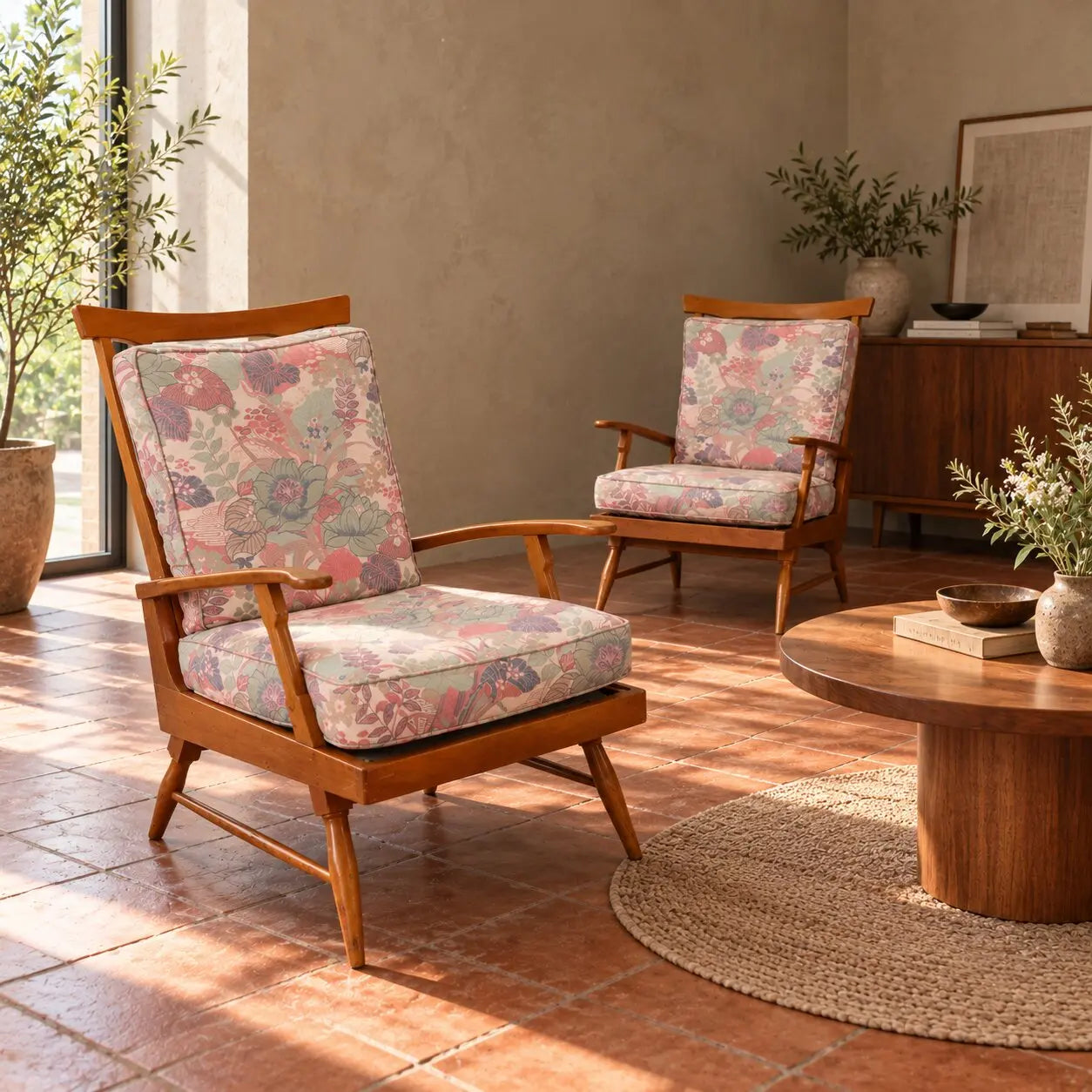 Vintage Reclining Armchairs by Camea Wood Fabric Design 1950s