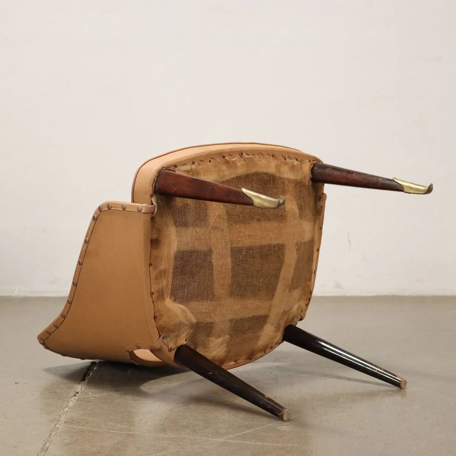 Vintage Armchairs 50s-60s Ebony Wood Brass Padded Seat Skai Brass