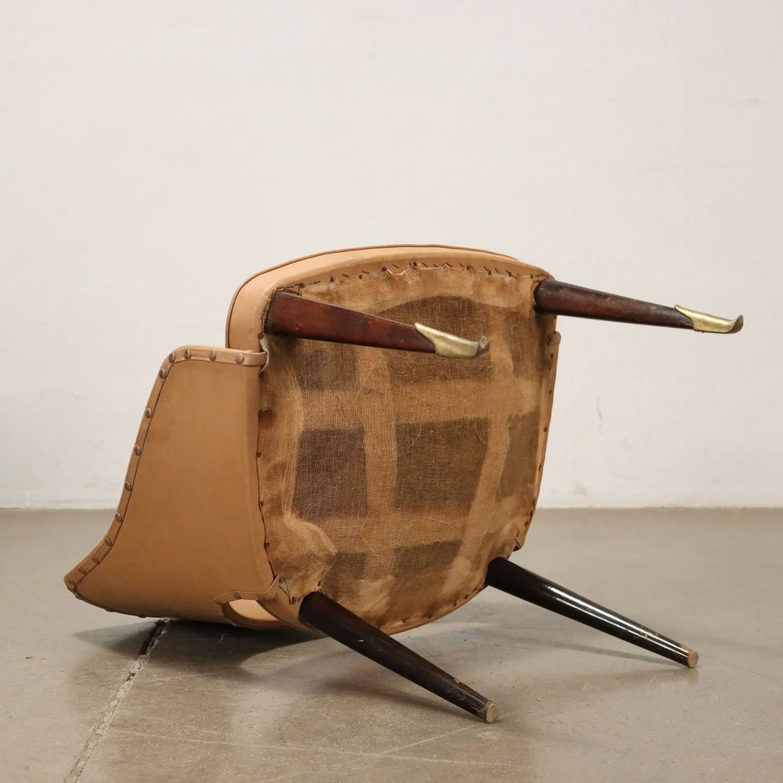 Vintage Armchairs 50s-60s Ebony Wood Brass Padded Seat Skai Brass