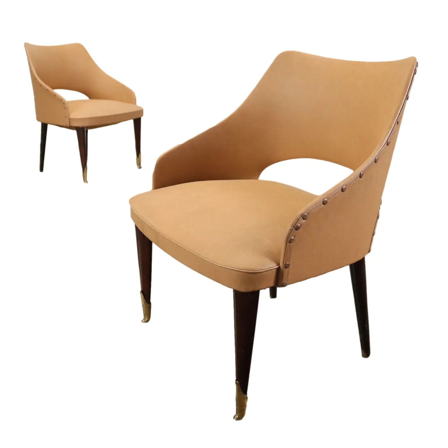 Vintage Armchairs 50s-60s Ebony Wood Brass Padded Seat Skai Brass