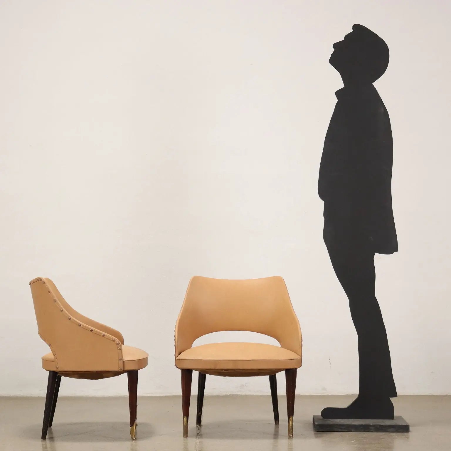 Vintage Armchairs 50s-60s Ebony Wood Brass Padded Seat Skai Brass