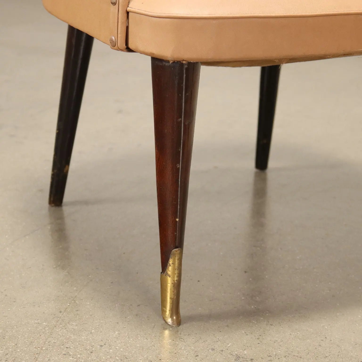Vintage Armchairs 50s-60s Ebony Wood Brass Padded Seat Skai Brass