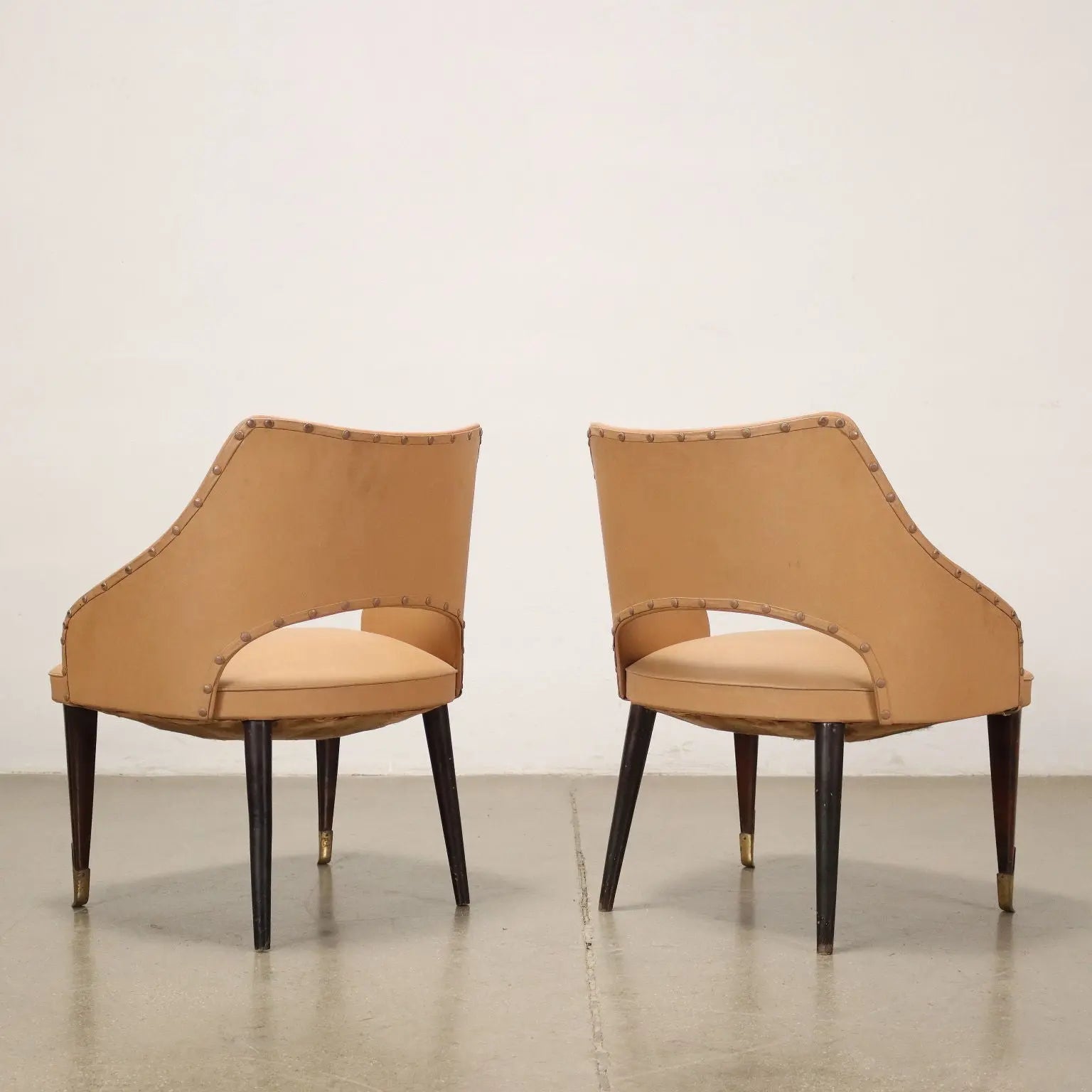Vintage Armchairs 50s-60s Ebony Wood Brass Padded Seat Skai Brass
