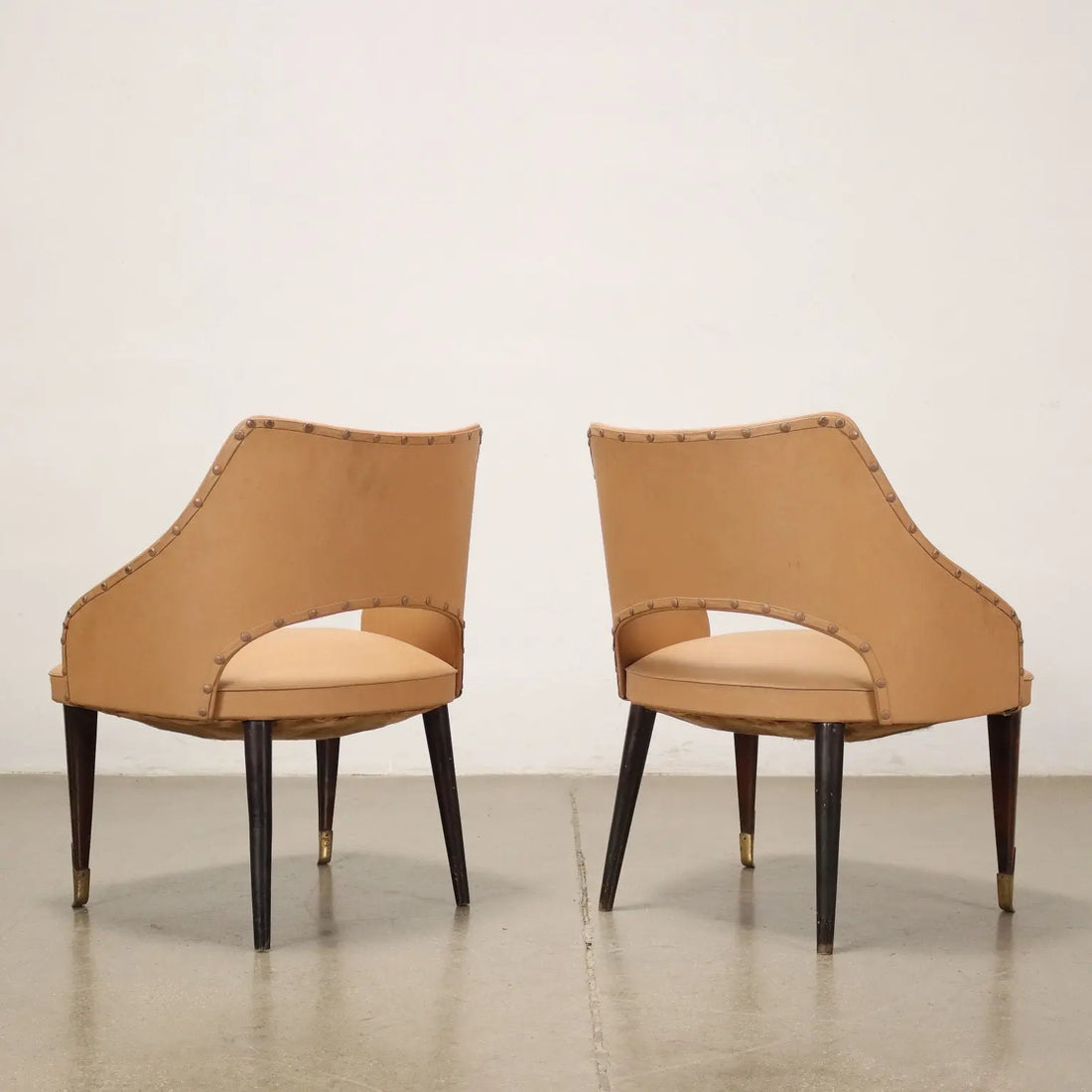 Vintage Armchairs 50s-60s Ebony Wood Brass Padded Seat Skai Brass