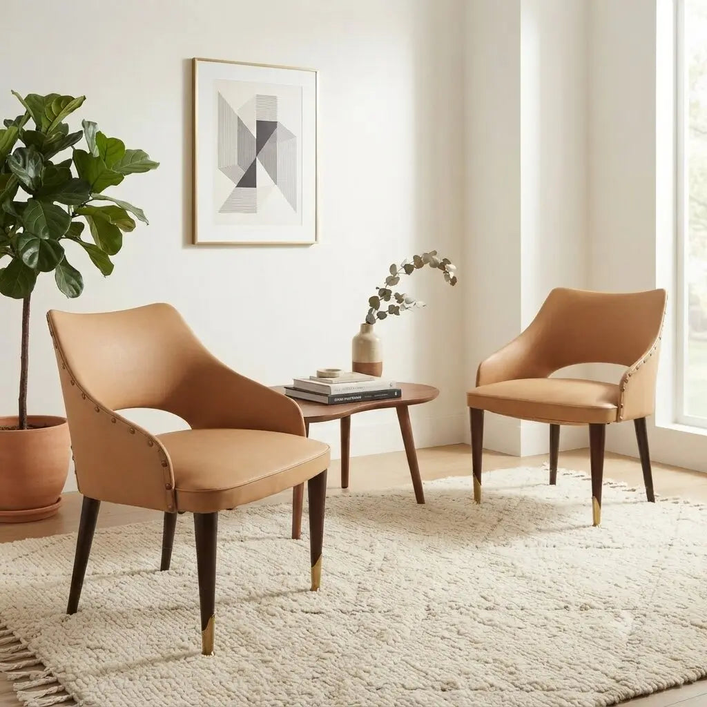 Vintage Armchairs 50s-60s Ebony Wood Brass Padded Seat Skai Brass