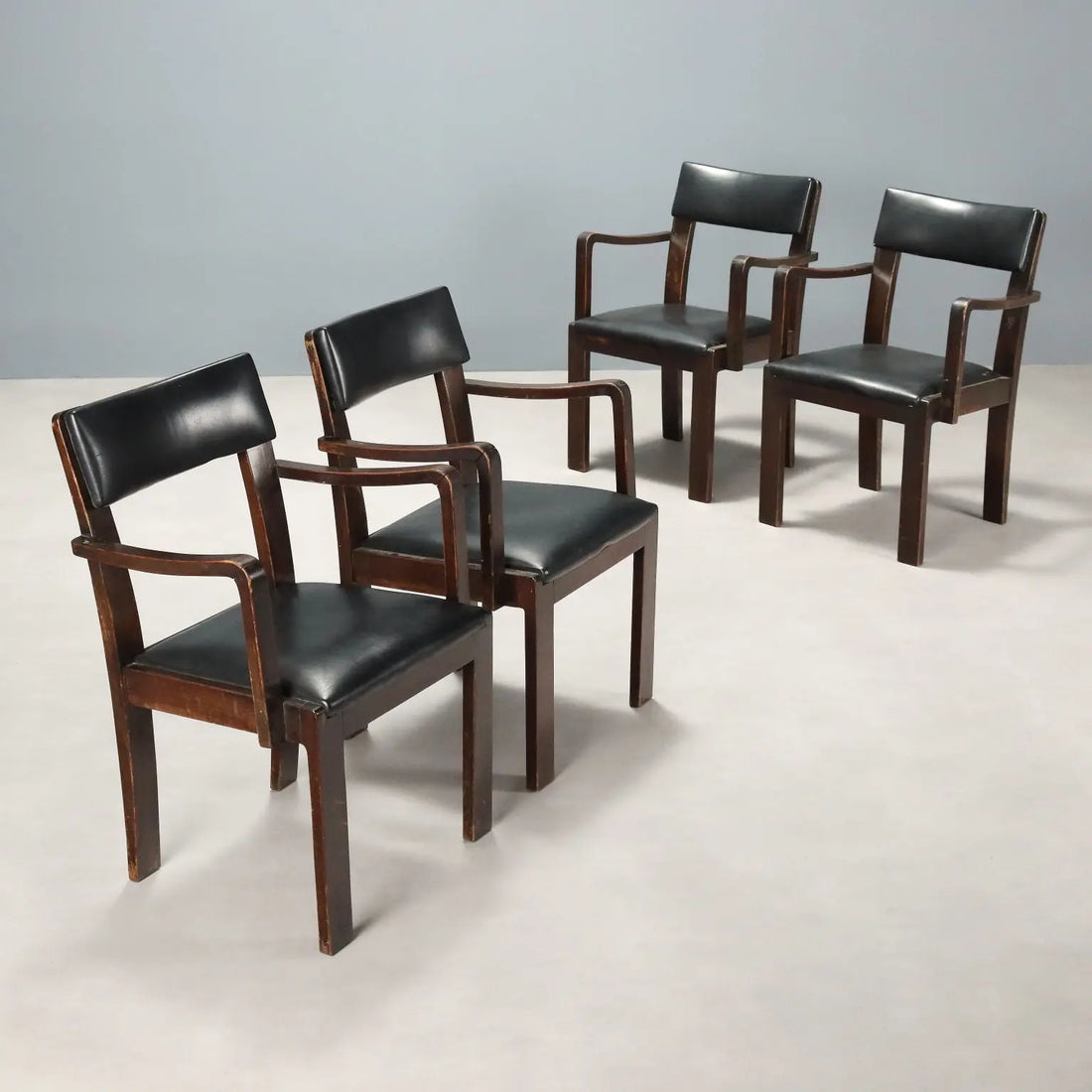 Vintage Chairs Deco Style Wood Black Leather Italy 1940s-1950s | Modernism | Chairs