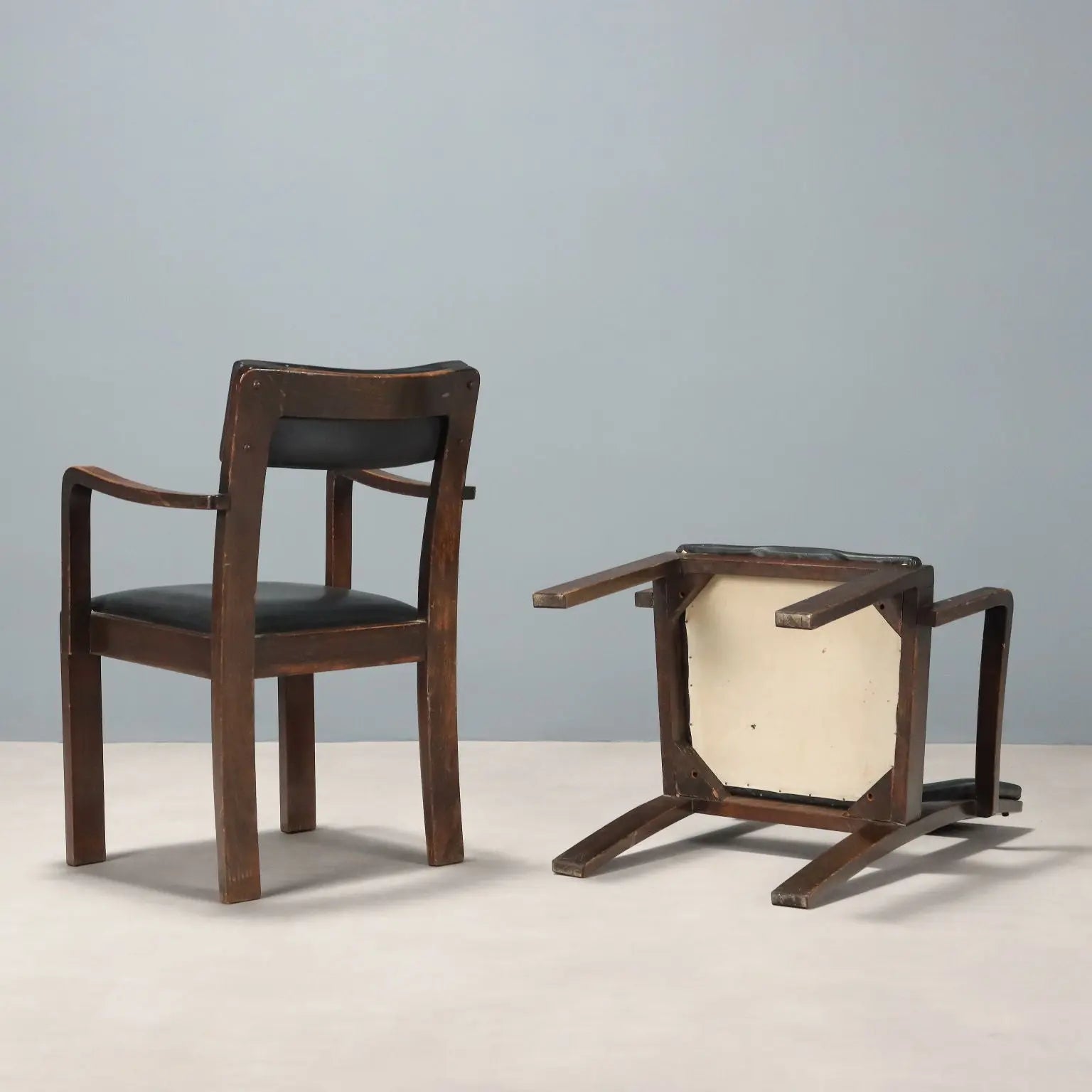 Vintage Chairs Deco Style Wood Black Leather Italy 1940s-1950s | Modernism | Chairs