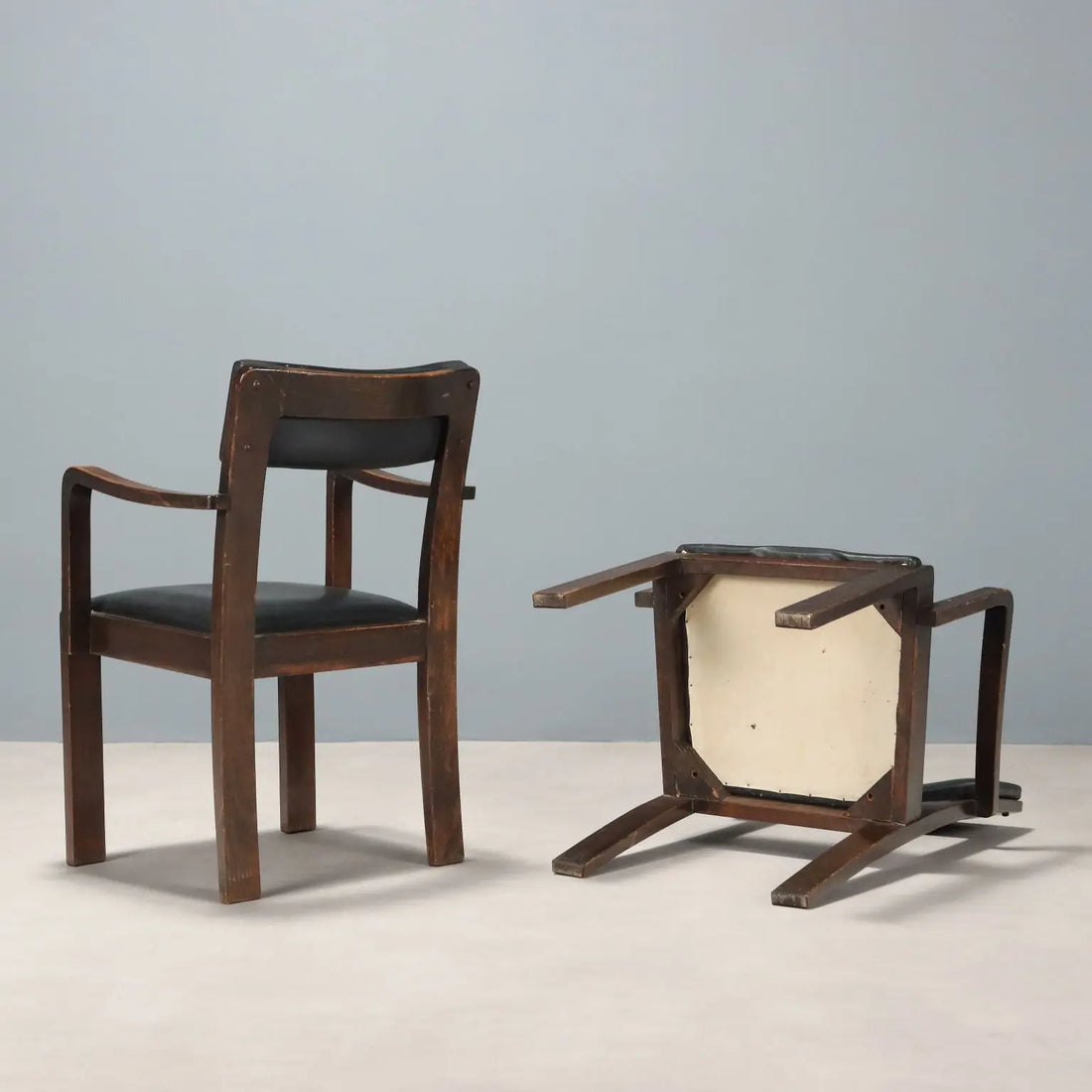 Vintage Chairs Deco Style Wood Black Leather Italy 1940s-1950s | Modernism | Chairs