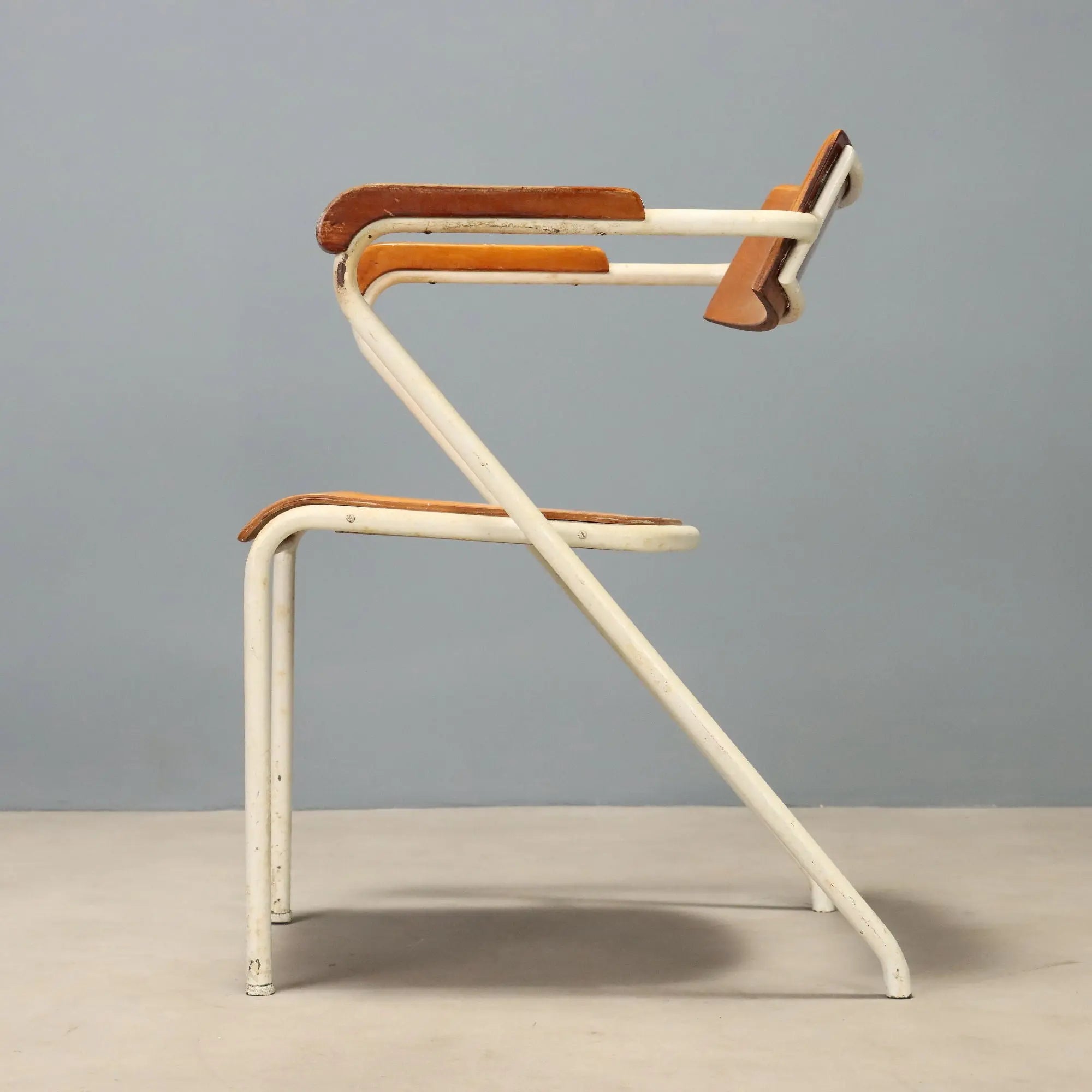 Vintage Chair Enamelled Metal Wood Design Italy 1960s
