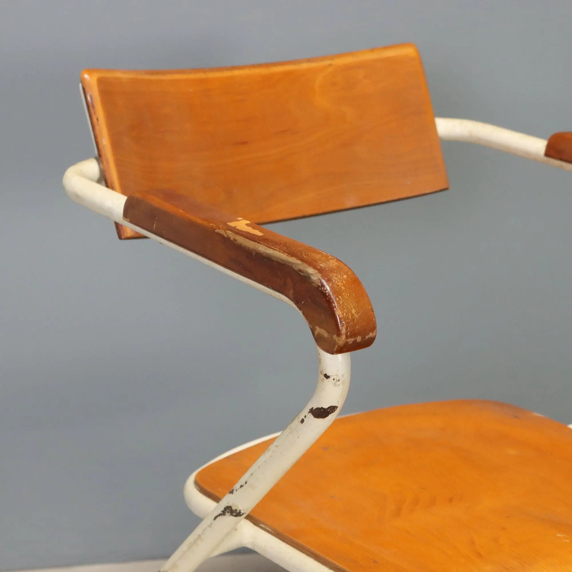 Vintage Chair Enamelled Metal Wood Design Italy 1960s