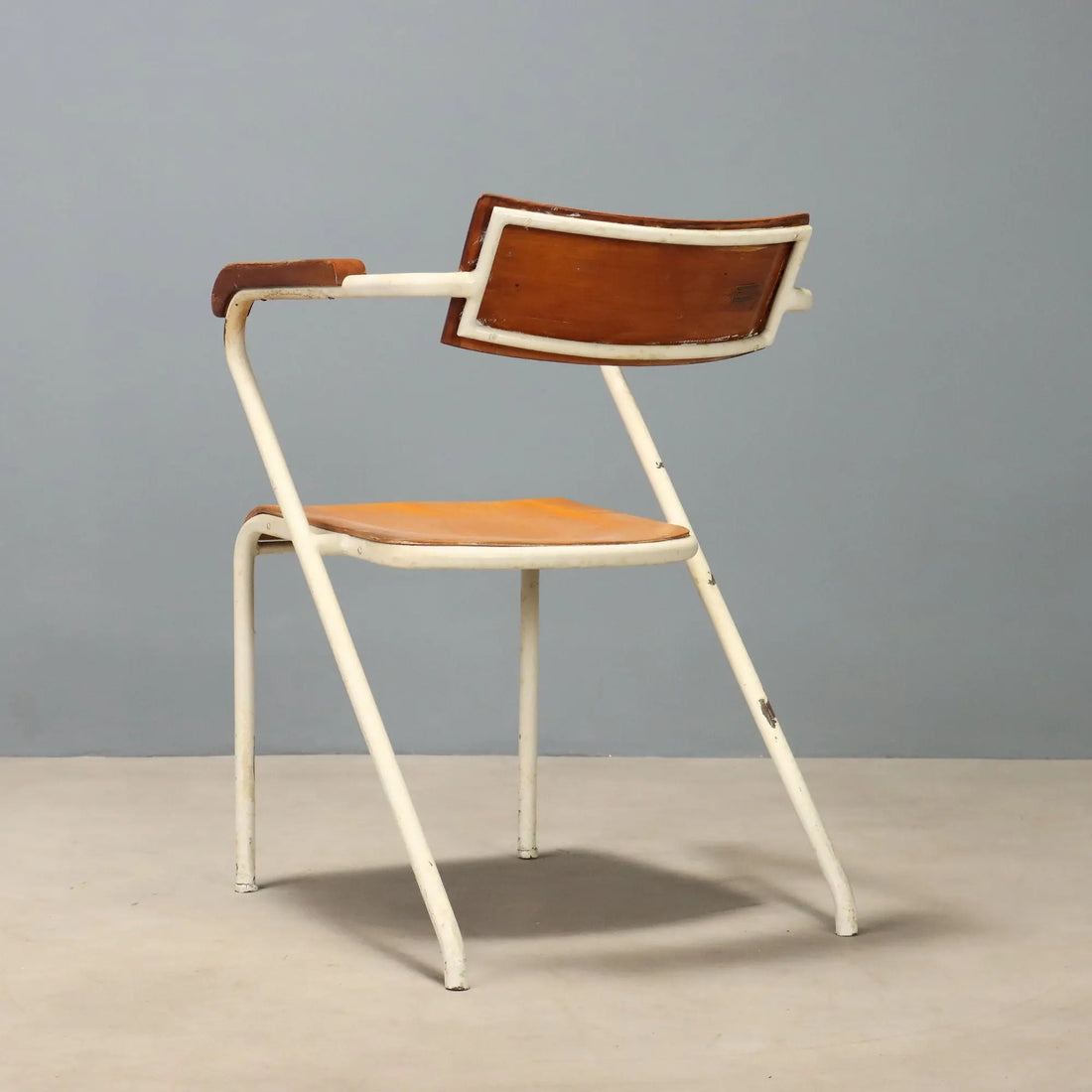 Vintage Chair Enamelled Metal Wood Design Italy 1960s