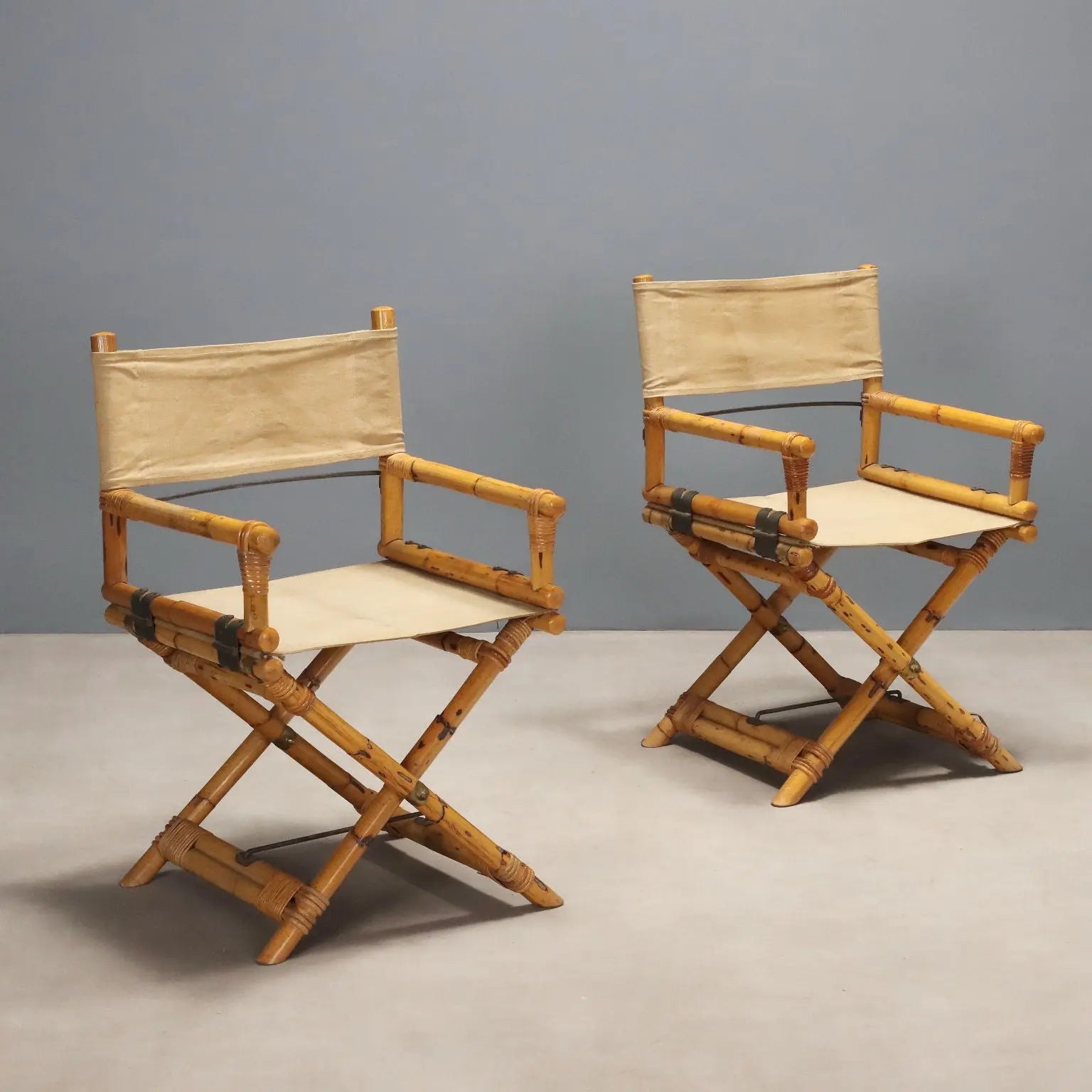 Vintage Director's Chairs Bamboo Fabric Brass Design 1980s