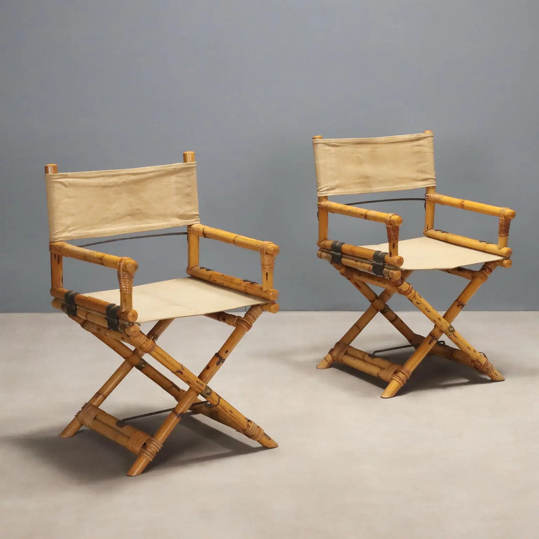 Vintage Director's Chairs Bamboo Fabric Brass Design 1980s