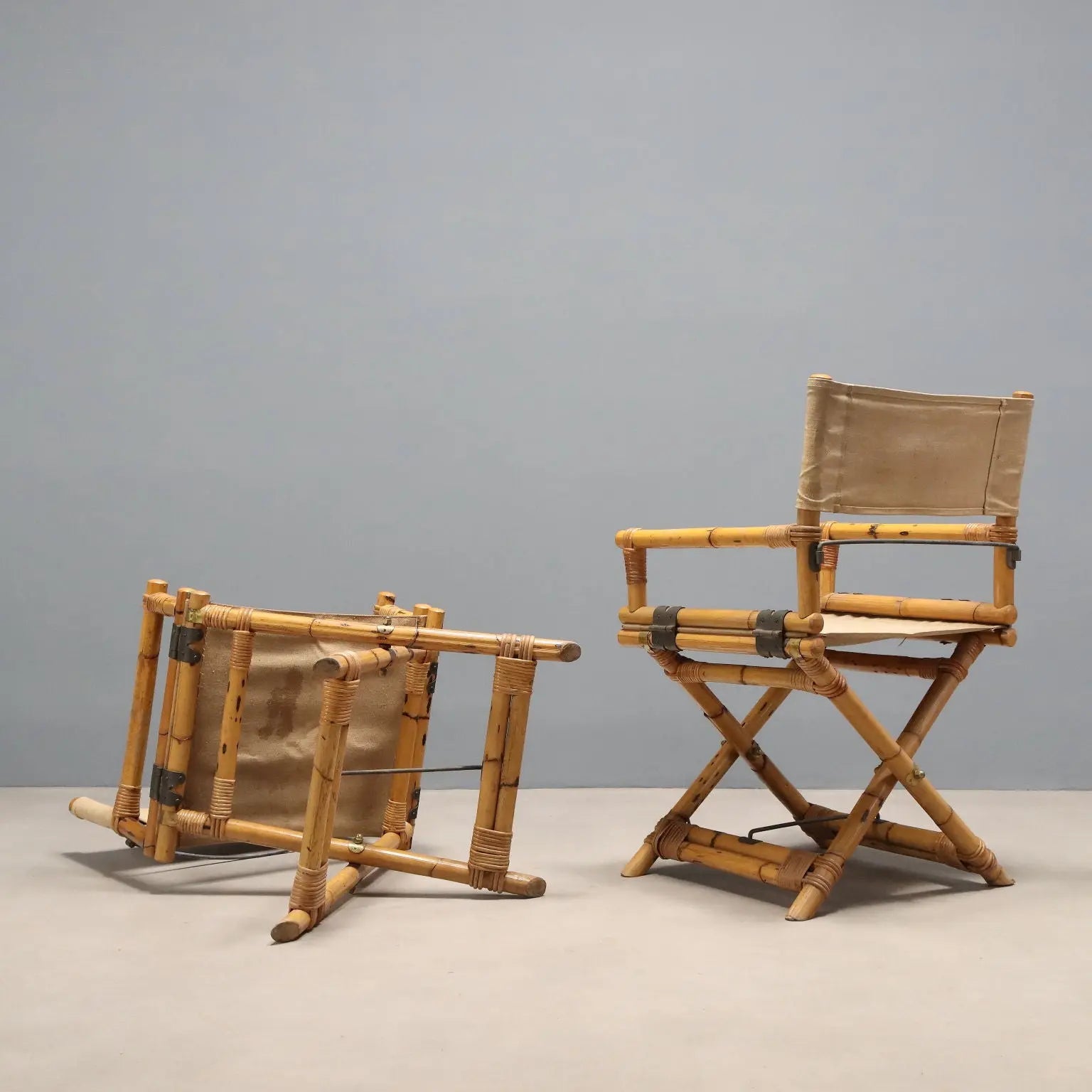 Vintage Director's Chairs Bamboo Fabric Brass Design 1980s