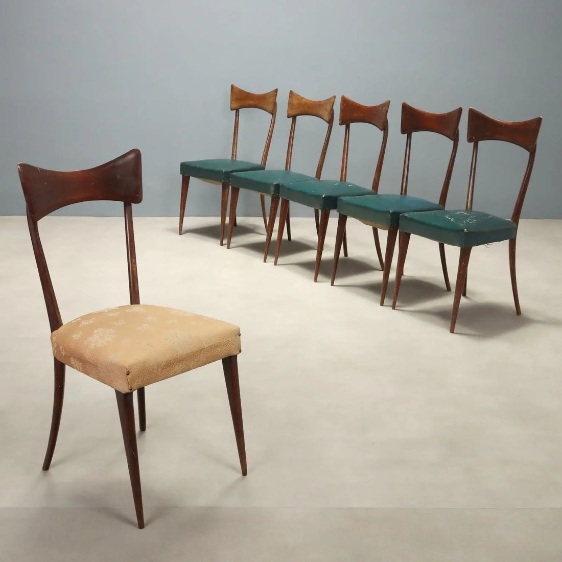 Vintage Chairs Beech Leatherette Fabric Design Italy 1950s-1960s