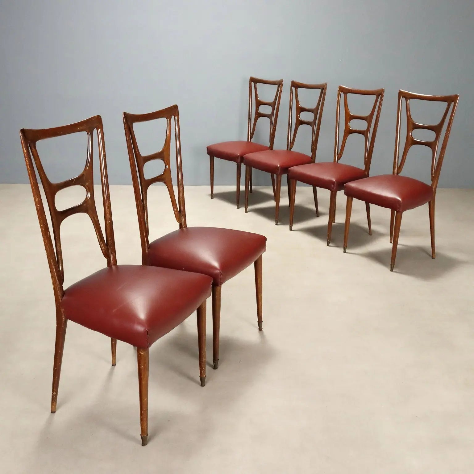 1950s Italian Chairs in Wood and Bordeaux Faux Leather