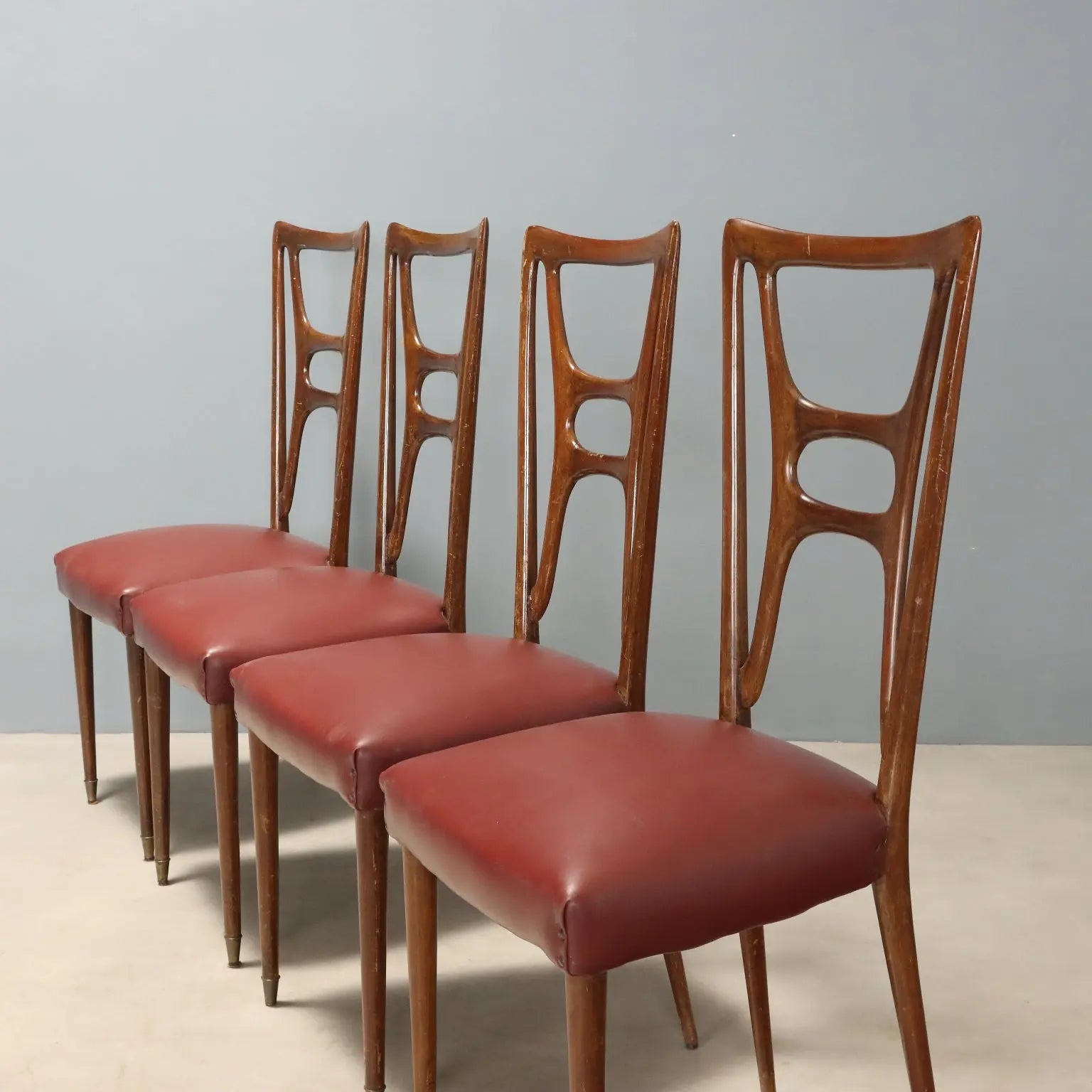 1950s Italian Chairs in Wood and Bordeaux Faux Leather