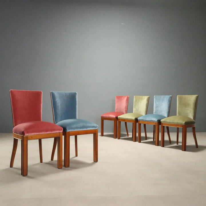Vintage Chairs Beech Walnut Velvet Design Italy 1950s