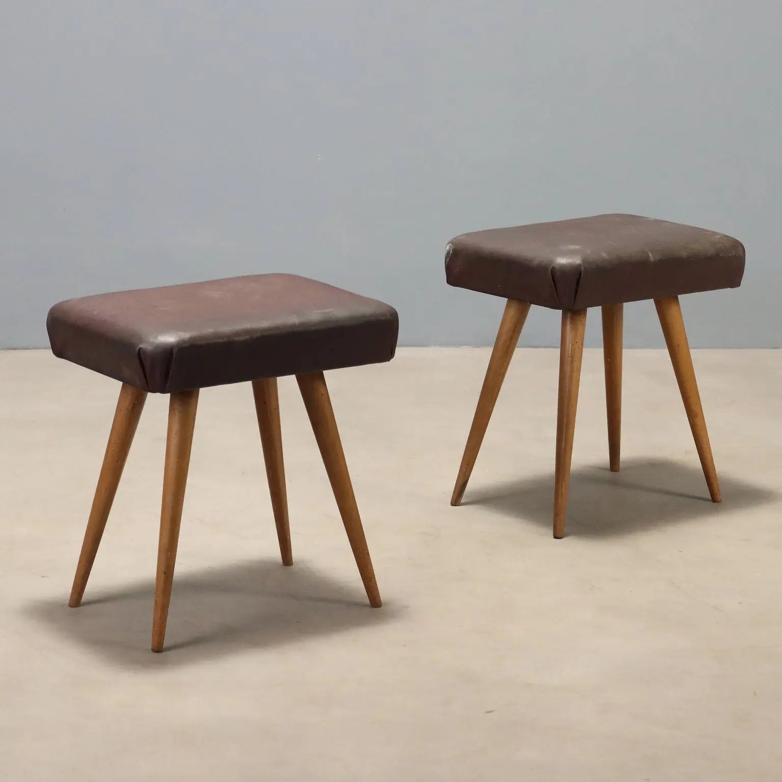 1950s Vintage Beech and Faux Leather Stools