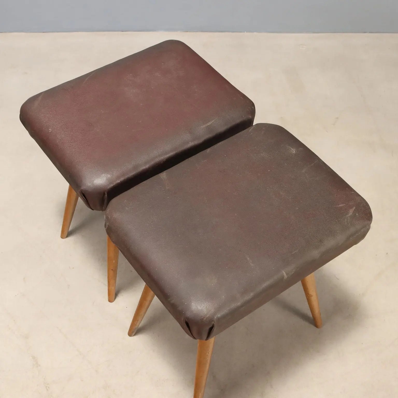 1950s Vintage Beech and Faux Leather Stools