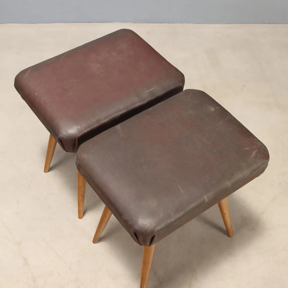 1950s Vintage Beech and Faux Leather Stools