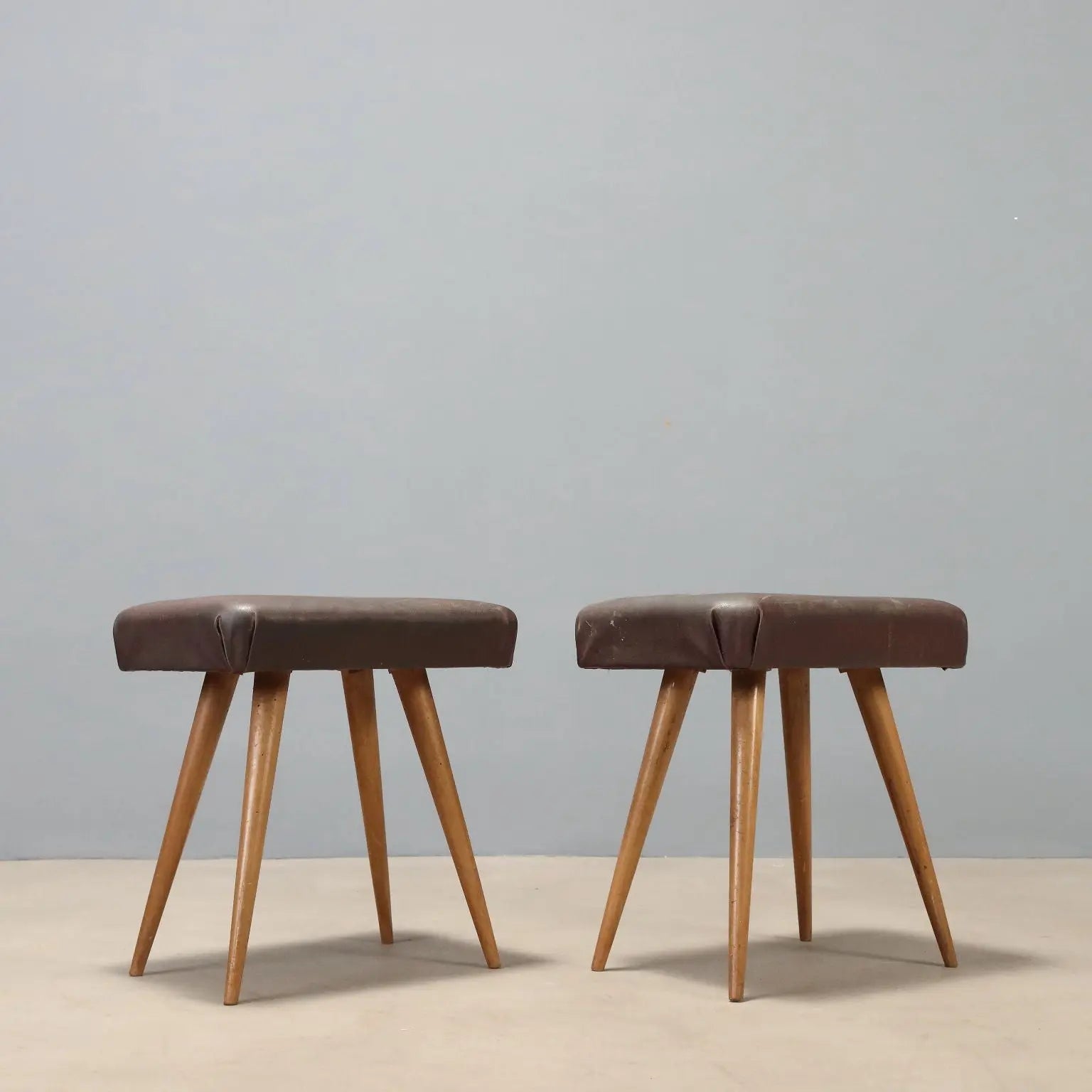 1950s Vintage Beech and Faux Leather Stools