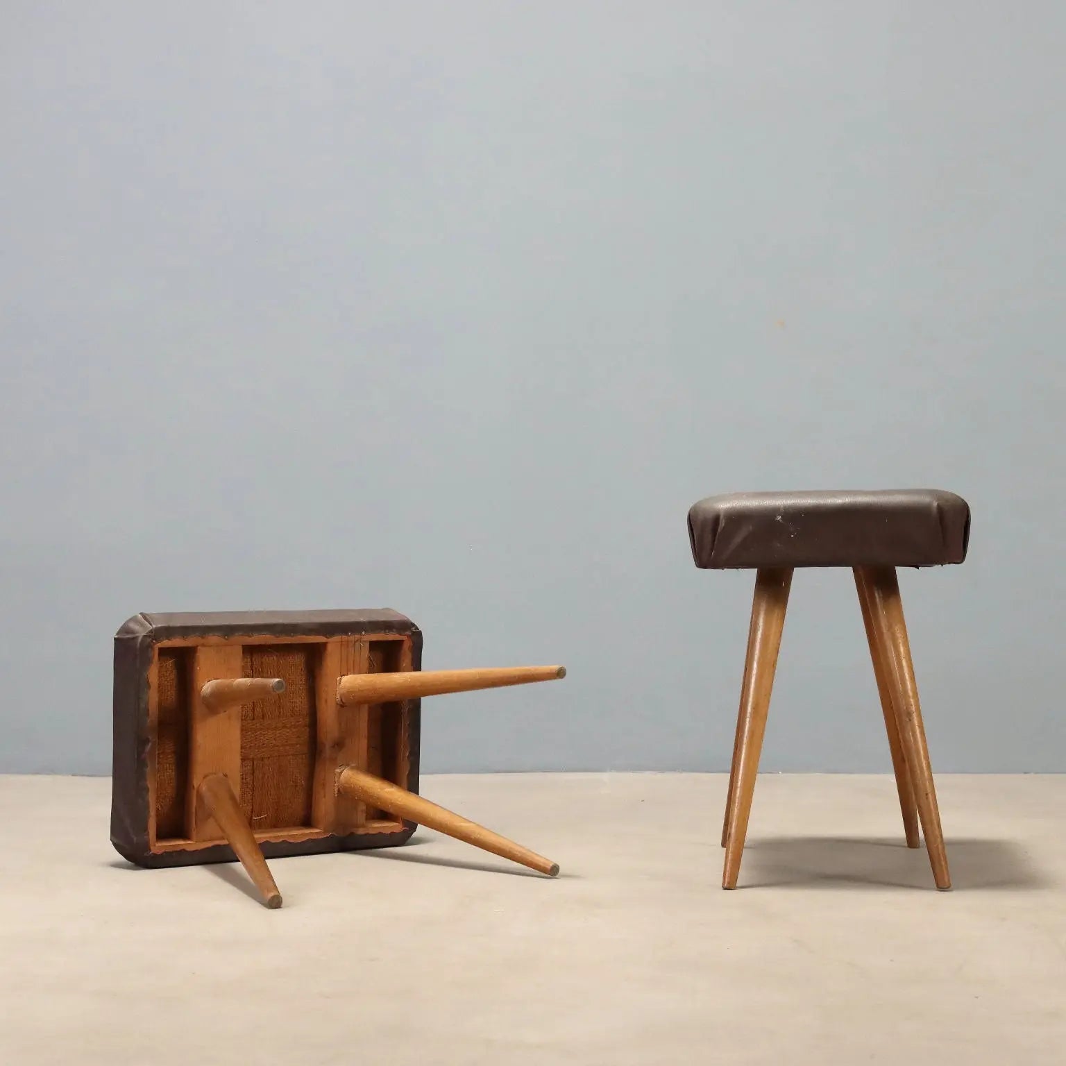1950s Vintage Beech and Faux Leather Stools