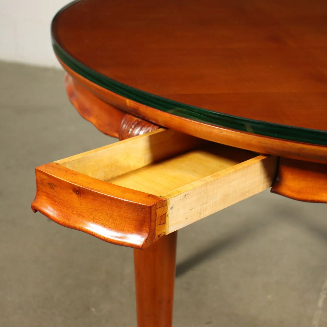 1950s Beech Table with Glass and Drawers