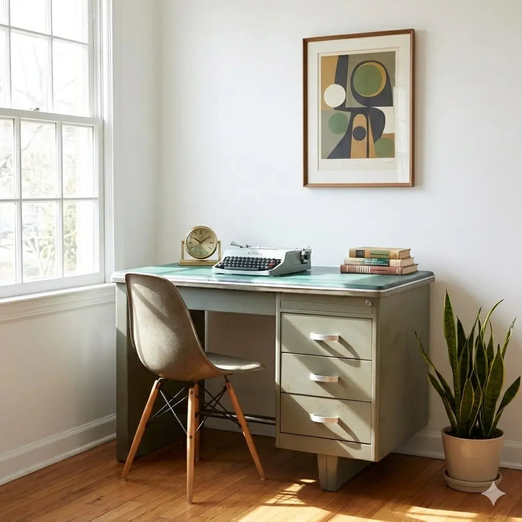Vintage Writing Desk from the 1960s Enamelled Metal Leatherette | Modernism | Tables