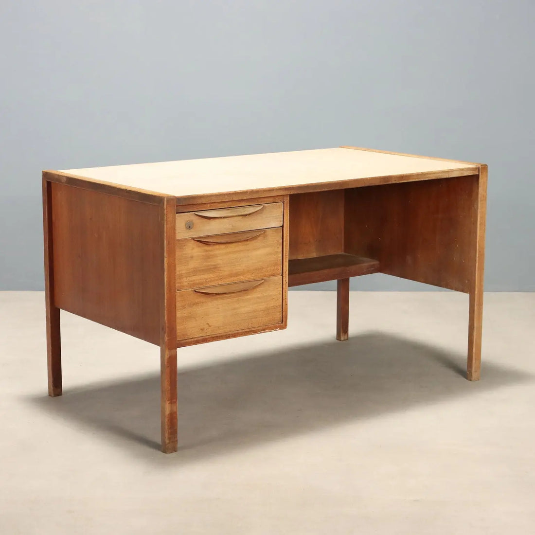 Vintage Writing Desk Wood Laminate 2 Drawers Design 1960s