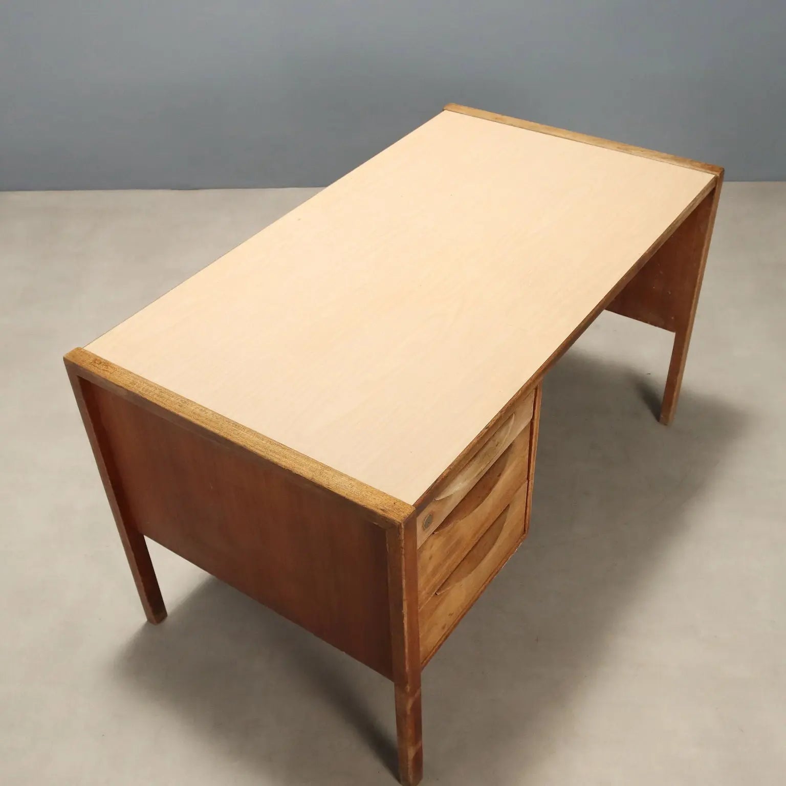 Vintage Writing Desk Wood Laminate 2 Drawers Design 1960s