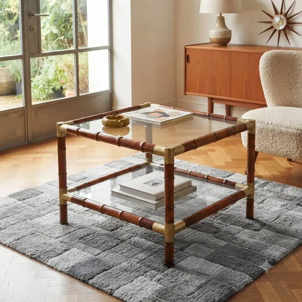 Vintage Coffee Table Bamboo Brass Transparent Glass Design 1960s