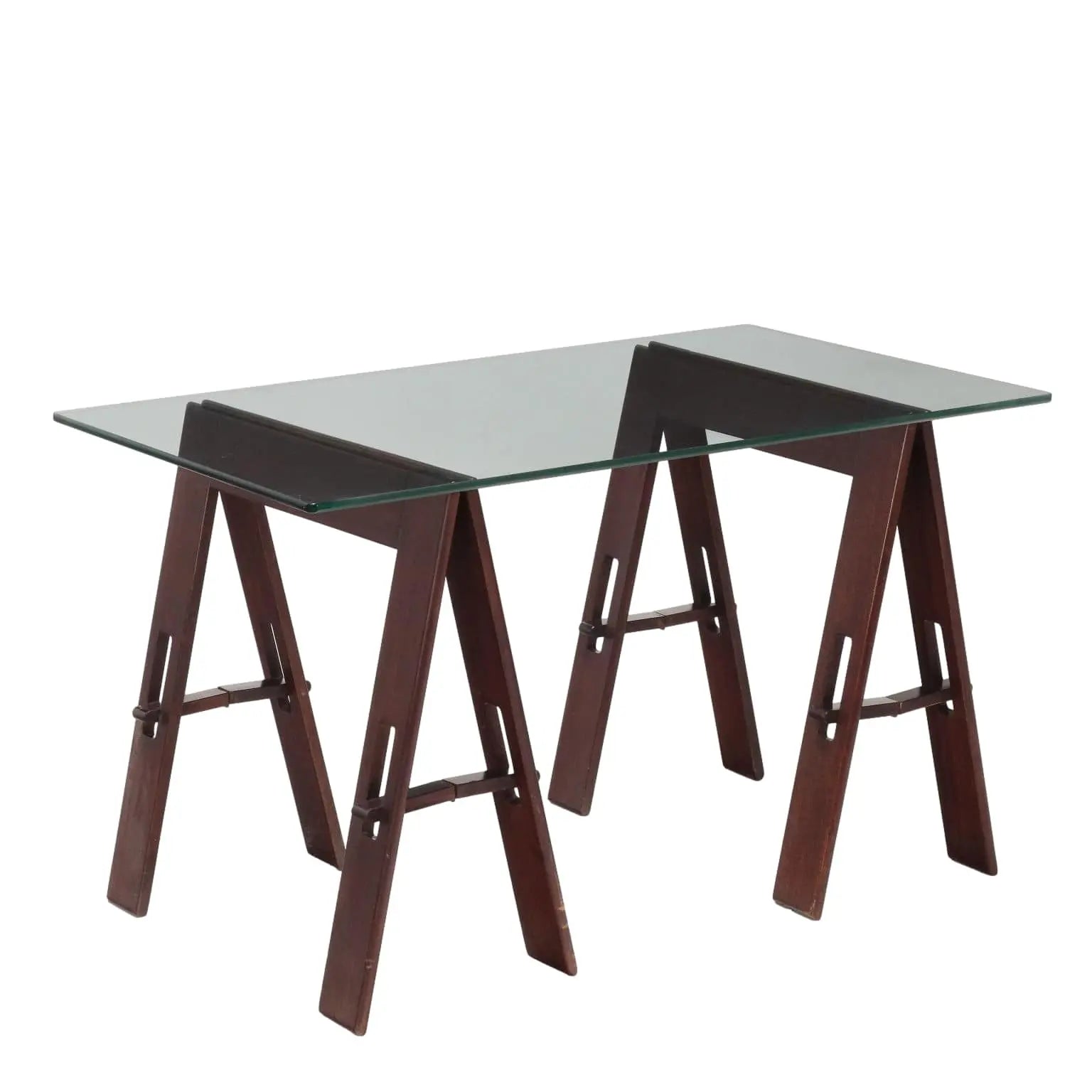 Vintage Table Wood Trestle Base Crystal Italy 1980s | Modernism | Tables
