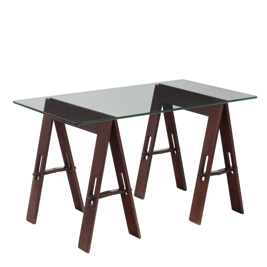 Vintage Table Wood Trestle Base Crystal Italy 1980s | Modernism | Tables