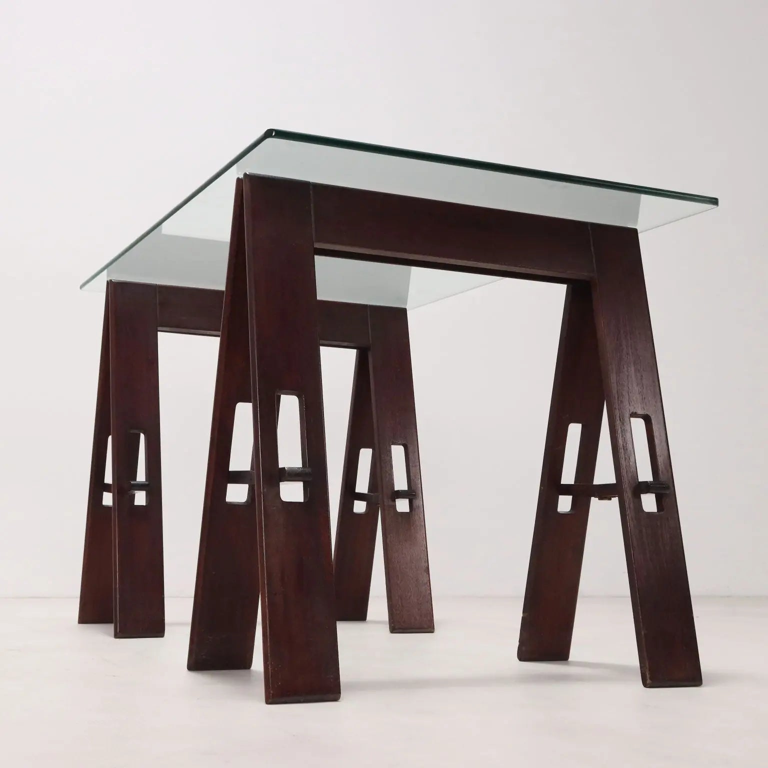 Vintage Table Wood Trestle Base Crystal Italy 1980s | Modernism | Tables