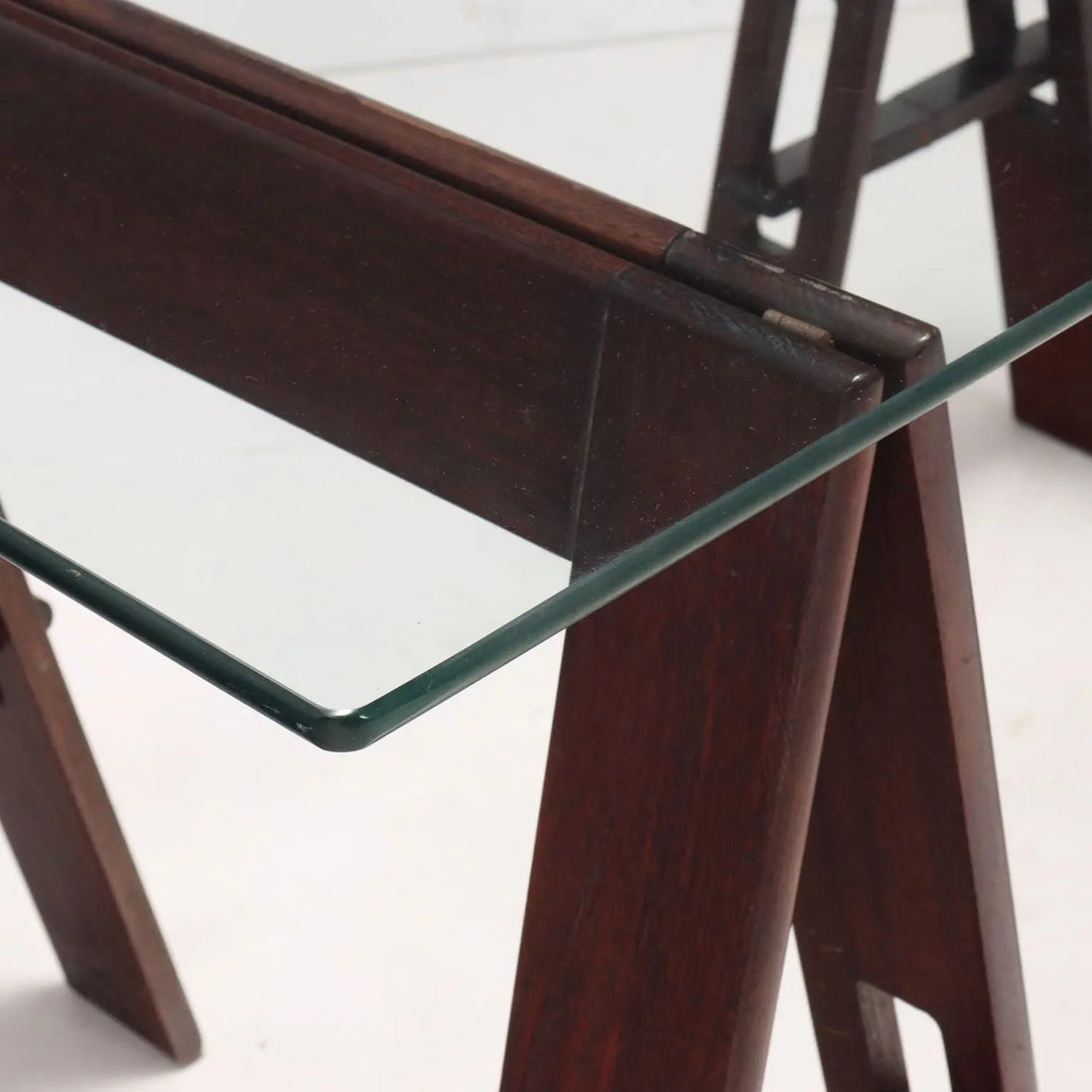 Vintage Table Wood Trestle Base Crystal Italy 1980s | Modernism | Tables