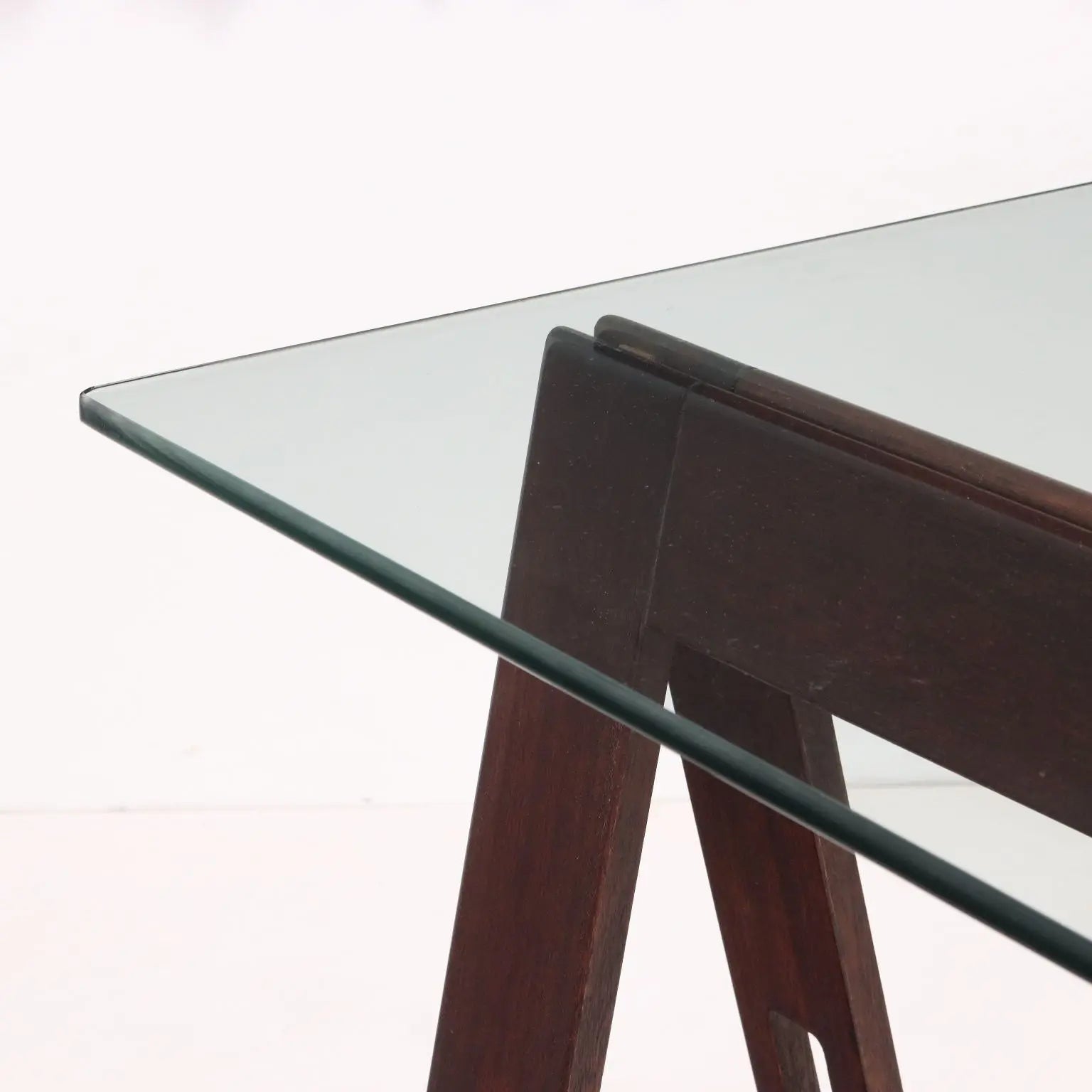 Vintage Table Wood Trestle Base Crystal Italy 1980s | Modernism | Tables