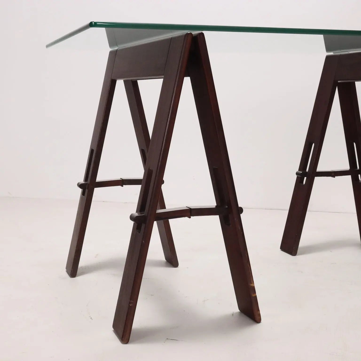 Vintage Table Wood Trestle Base Crystal Italy 1980s | Modernism | Tables