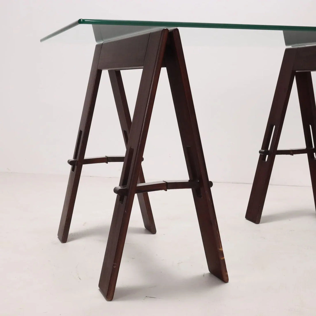 Vintage Table Wood Trestle Base Crystal Italy 1980s | Modernism | Tables