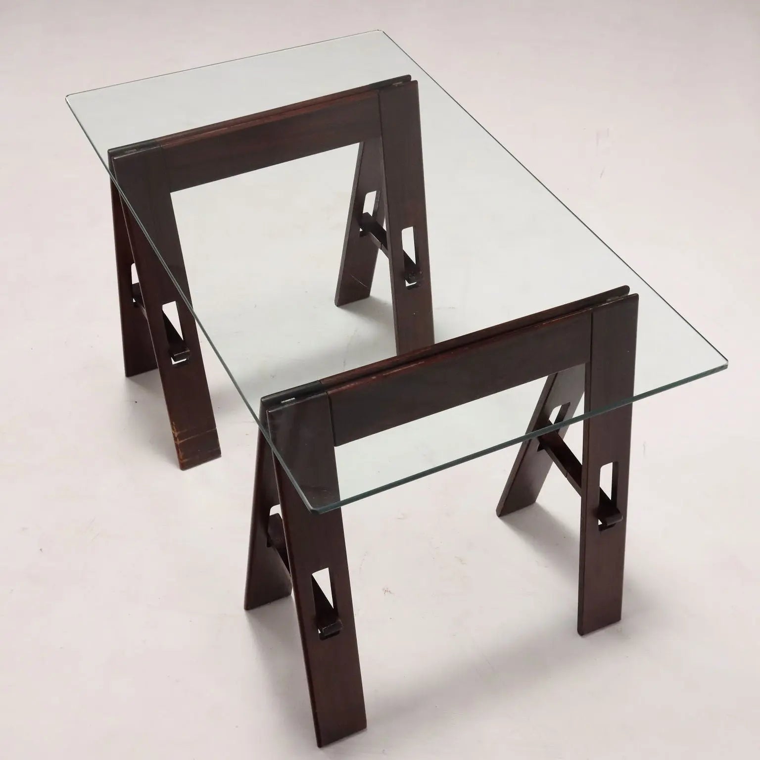 Vintage Table Wood Trestle Base Crystal Italy 1980s | Modernism | Tables