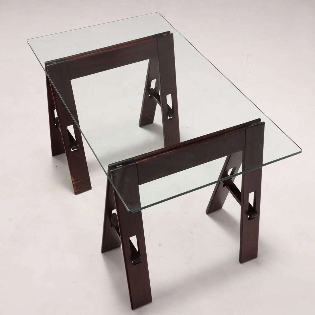 Vintage Table Wood Trestle Base Crystal Italy 1980s | Modernism | Tables
