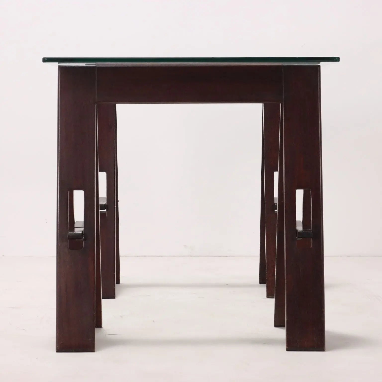 Vintage Table Wood Trestle Base Crystal Italy 1980s | Modernism | Tables
