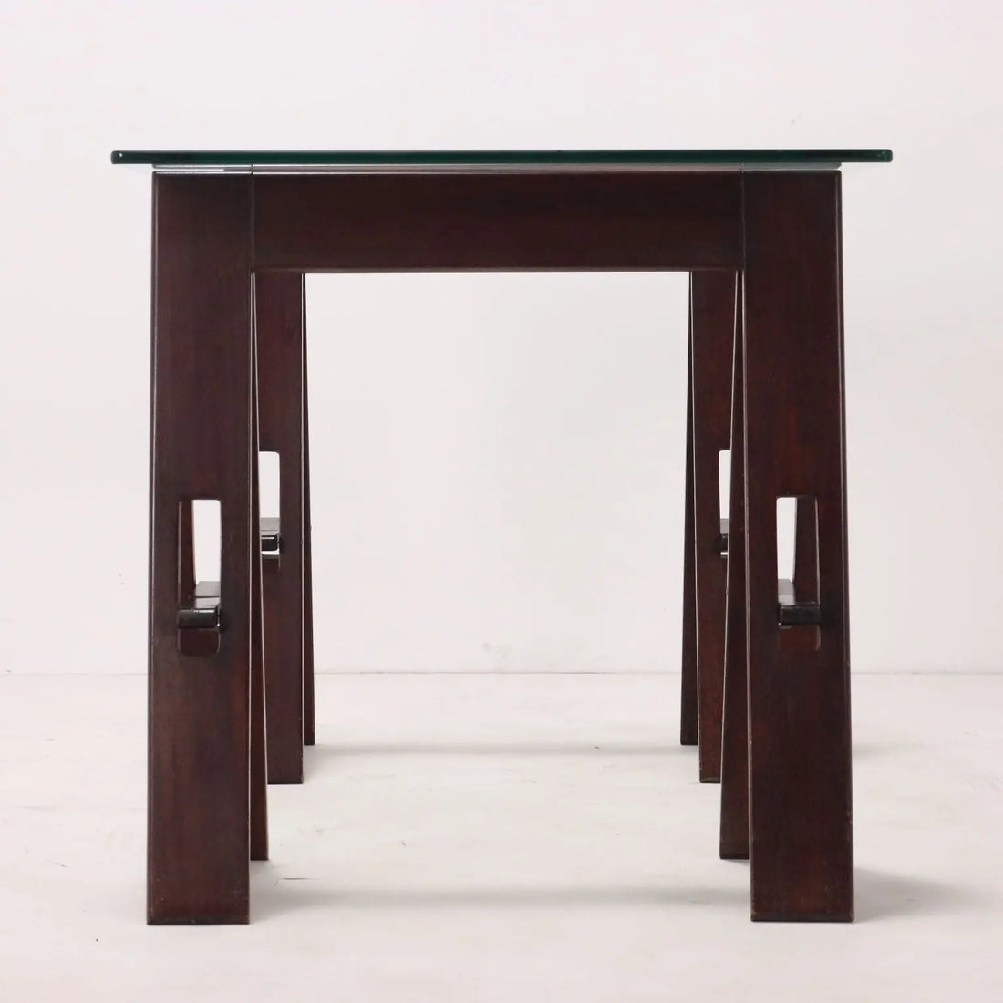Vintage Table Wood Trestle Base Crystal Italy 1980s | Modernism | Tables