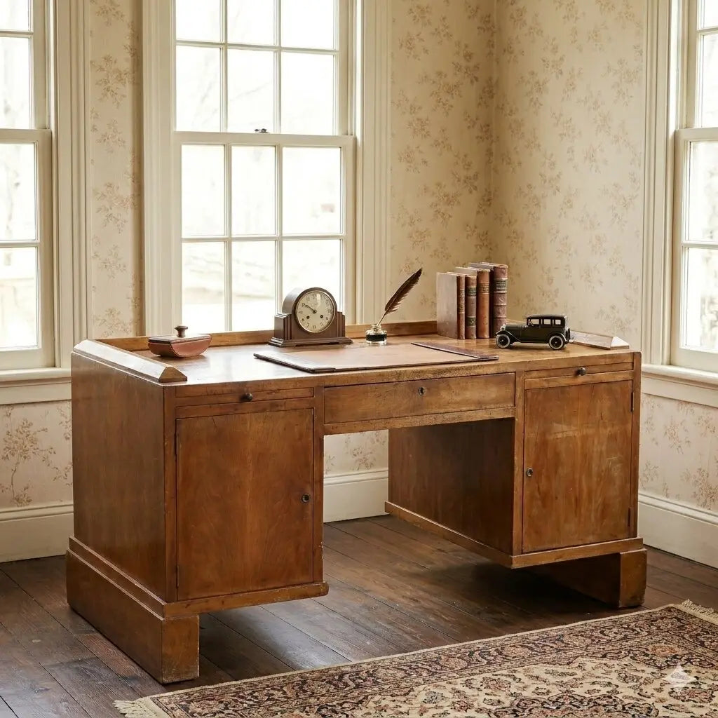 Vintage Writing Desk Walnut Veneer Wood Drawers Italy 1920s | Modernism | Tables