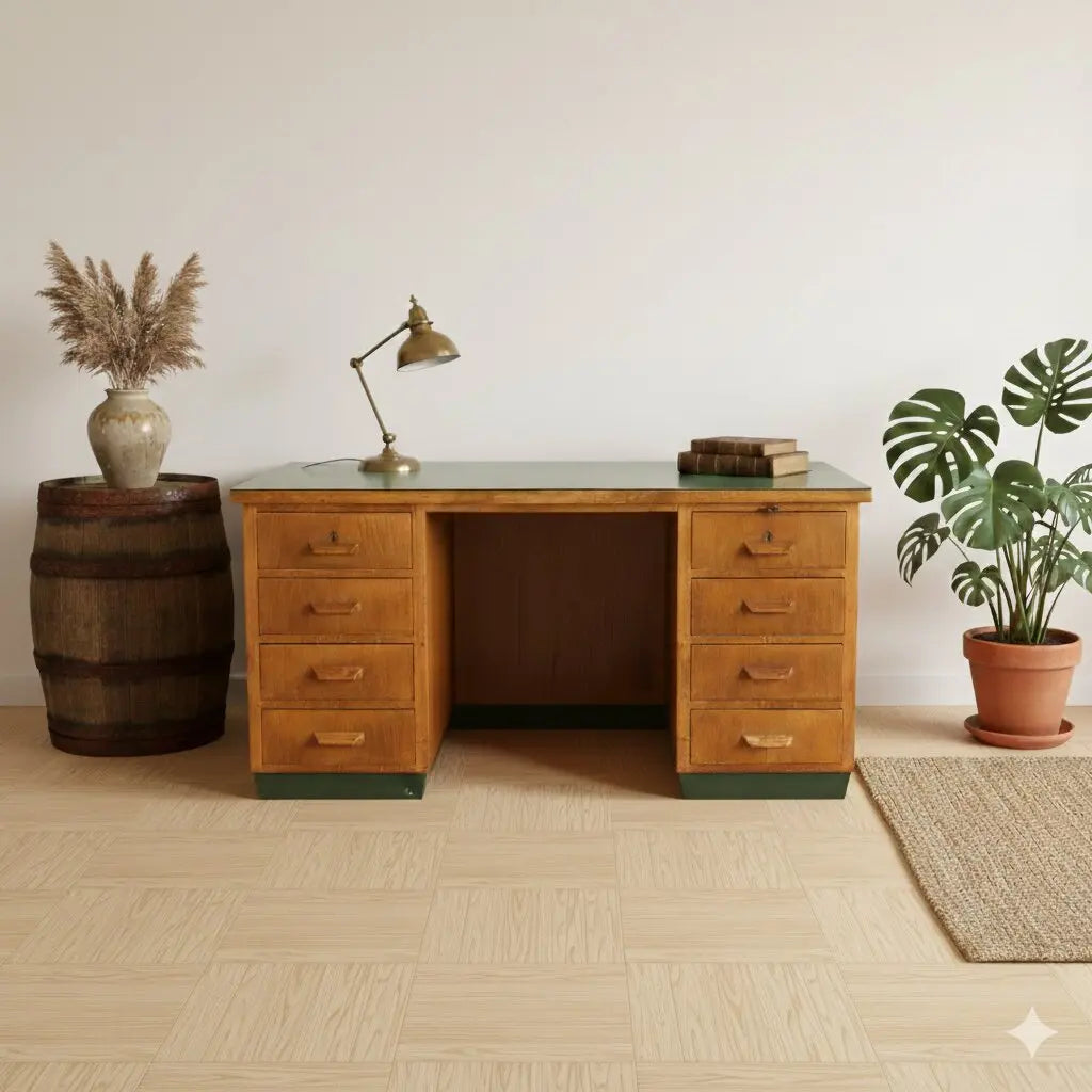 Vintage Writing Desk Oak Veneer Drawers Italy 1940s | Modernism | Tables