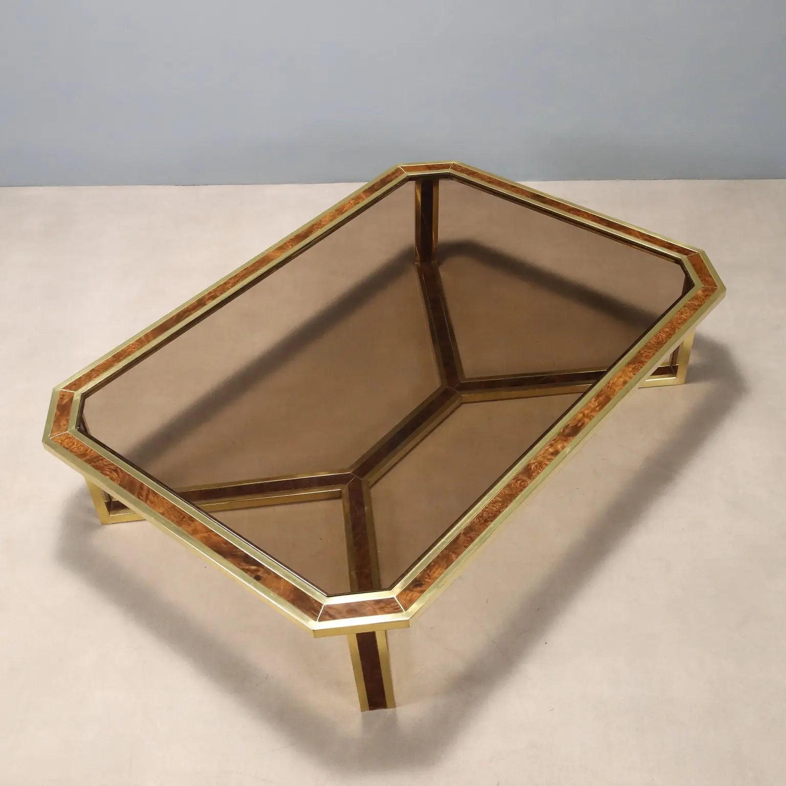 Vintage Coffee Table Brass Burl Smoked Glass Design 1970s | Modernism | Tables